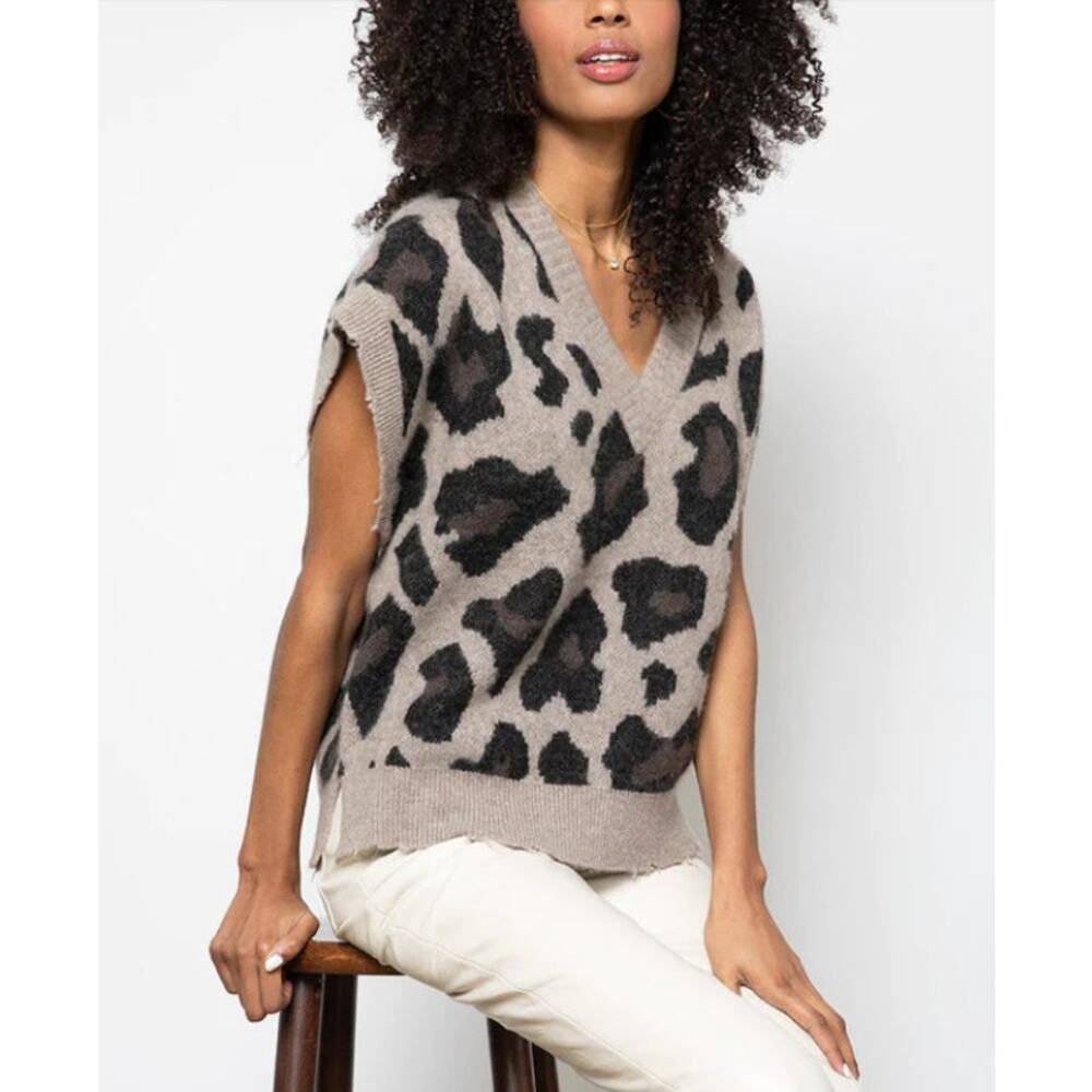 27 MILES Aleman Vest in Cheetah Cashmere Silk Blend Distressed‎ 139167 Medium